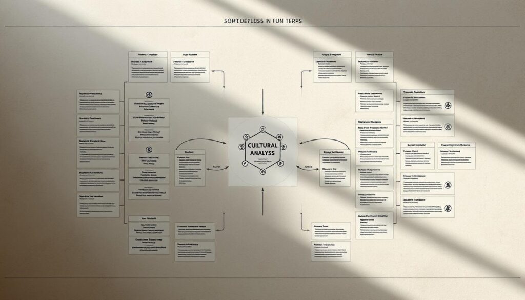 A detailed cultural analysis framework presented in a clear, structured layout. The foreground features a grid-like arrangement of interconnected concepts and themes, each with distinct icons and symbols. The middle ground showcases a central visual representing the holistic nature of the framework, surrounded by annotated insights and contextual details. The background subtly incorporates textured patterns and muted tones, creating a sophisticated, academic atmosphere. Soft, directional lighting from the top left casts gentle shadows, emphasizing the depth and dimensionality of the design. The overall aesthetic is visually compelling, guiding the viewer through the nuances of the cultural analysis framework. A detailed cultural analysis framework presented in a clear, structured layout. The foreground features a grid-like arrangement of interconnected concepts and themes, each with distinct icons and symbols. The middle ground showcases a central visual representing the holistic nature of the framework, surrounded by annotated insights and contextual details. The background subtly incorporates textured patterns and muted tones, creating a sophisticated, academic atmosphere. Soft, directional lighting from the top left casts gentle shadows, emphasizing the depth and dimensionality of the design. The overall aesthetic is visually compelling, guiding the viewer through the nuances of the cultural analysis framework.