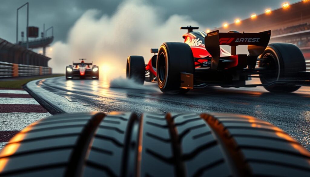 A dynamic racetrack scene, the asphalt glistening under dramatic lighting. In the foreground, a set of high-performance racing tires, their treads and sidewalls meticulously detailed. In the middle ground, a Formula 1 car mid-drift, its tires sending up a spray of water as it navigates a wet corner. In the background, a blur of other cars jockeying for position, their headlights piercing the mist. The atmosphere is tense, with a sense of urgency and the thrill of competition. Captured with a cinematic wide-angle lens, the image conveys the strategic challenge of adapting tire choices to changing track conditions. A dynamic racetrack scene, the asphalt glistening under dramatic lighting. In the foreground, a set of high-performance racing tires, their treads and sidewalls meticulously detailed. In the middle ground, a Formula 1 car mid-drift, its tires sending up a spray of water as it navigates a wet corner. In the background, a blur of other cars jockeying for position, their headlights piercing the mist. The atmosphere is tense, with a sense of urgency and the thrill of competition. Captured with a cinematic wide-angle lens, the image conveys the strategic challenge of adapting tire choices to changing track conditions.