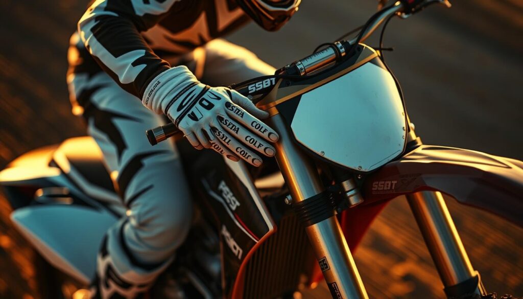 A high-angle view of a motocross rider expertly controlling the clutch on their dirt bike, demonstrating the crucial technical skills required for a powerful holeshot. The rider's body is poised and centered, their fingers precisely regulating the clutch as the bike prepares to launch off the starting line. The scene is bathed in warm, golden afternoon light, casting dramatic shadows that accentuate the rider's focused expression and the bike's sleek, aggressive design. The background is blurred, placing the rider's technique at the forefront, emphasizing the importance of mastering clutch control for dominating the first corner of a motocross race. A high-angle view of a motocross rider expertly controlling the clutch on their dirt bike, demonstrating the crucial technical skills required for a powerful holeshot. The rider's body is poised and centered, their fingers precisely regulating the clutch as the bike prepares to launch off the starting line. The scene is bathed in warm, golden afternoon light, casting dramatic shadows that accentuate the rider's focused expression and the bike's sleek, aggressive design. The background is blurred, placing the rider's technique at the forefront, emphasizing the importance of mastering clutch control for dominating the first corner of a motocross race.