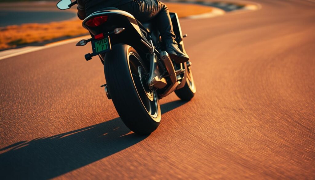 A high-angle view of a motorcycle mid-turn, the rider's weight visibly shifting to the outside of the corner. The bike is leaned over at a steep angle, the rear tire leaving a faint trail of rubber on the tarmac. Warm, golden-hour lighting casts dramatic shadows, highlighting the rider's body positioning and the bike's graceful arc through the turn. The background is blurred, placing the focus entirely on the technical details of the maneuver. Crisp, high-resolution details reveal the rider's subtle adjustments, from their countersteering input to the subtle shifting of their hips and torso. A high-angle view of a motorcycle mid-turn, the rider's weight visibly shifting to the outside of the corner. The bike is leaned over at a steep angle, the rear tire leaving a faint trail of rubber on the tarmac. Warm, golden-hour lighting casts dramatic shadows, highlighting the rider's body positioning and the bike's graceful arc through the turn. The background is blurred, placing the focus entirely on the technical details of the maneuver. Crisp, high-resolution details reveal the rider's subtle adjustments, from their countersteering input to the subtle shifting of their hips and torso.