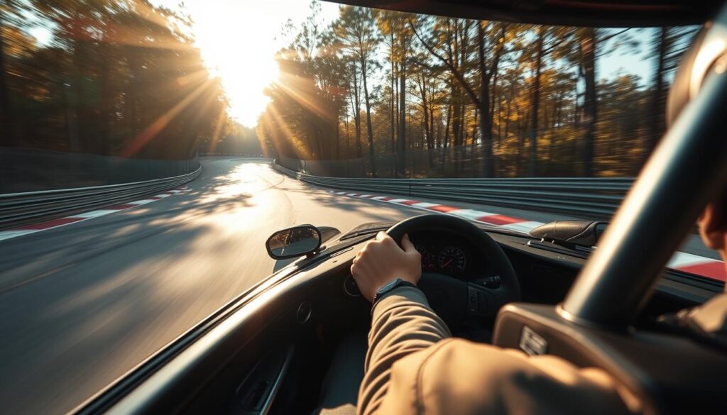 A high-performance racecar navigates a dynamic racing circuit, its driver intently focused on the apex of each turn. The scene is captured through a wide-angle camera lens, showcasing the technical precision and split-second decision-making required for superior racecraft. Beams of golden sunlight filter through the track's tree-lined surroundings, casting dramatic shadows across the asphalt. The driver's hands grip the steering wheel with unwavering control, their body language exuding a sense of calm determination as they push the limits of their vehicle's capabilities. The overall atmosphere evokes a sense of immersive training, where the driver hones their skills to perfection in preparation for the competitive motorsports arena. A high-performance racecar navigates a dynamic racing circuit, its driver intently focused on the apex of each turn. The scene is captured through a wide-angle camera lens, showcasing the technical precision and split-second decision-making required for superior racecraft. Beams of golden sunlight filter through the track's tree-lined surroundings, casting dramatic shadows across the asphalt. The driver's hands grip the steering wheel with unwavering control, their body language exuding a sense of calm determination as they push the limits of their vehicle's capabilities. The overall atmosphere evokes a sense of immersive training, where the driver hones their skills to perfection in preparation for the competitive motorsports arena.