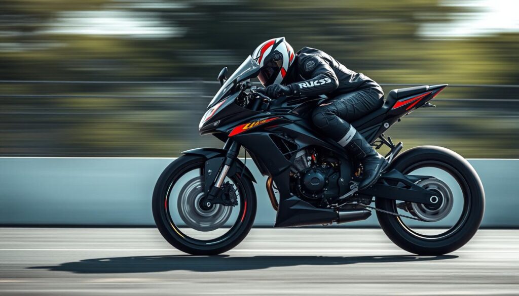 A high-speed action scene of an advanced motorcycle rider performing a standing start maneuver. The rider is poised on their bike, body low and leaned forward, ready to launch off the line with precise throttle control and perfect balance. The background is blurred, placing the focus on the rider's technique - the subtle adjustments of weight, the delicate balance of engine power and traction. Crisp, high-contrast lighting illuminates the details, capturing the intense concentration and raw power of the moment. The image conveys the skill, precision and split-second timing required to master the critical first seconds of a race.