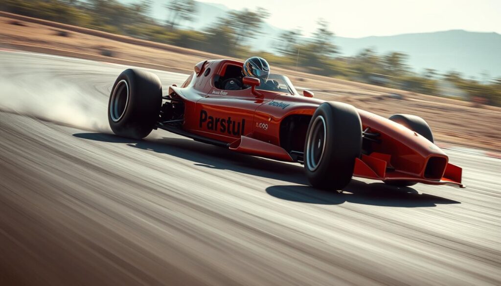 A high-speed cornering technique by a skilled professional race car driver. The car is banking into a tight turn, tires gripping the asphalt as the driver applies precise throttle and steering inputs. Dramatic low-angle shot, capturing the dynamic movement and tension of the moment. Bright, contrasty lighting illuminates the shiny bodywork and gleaming chrome details. The background blurs into a hazy, motion-blurred landscape, emphasizing the sense of speed and precision. Conveys the intense focus and mastery of the pro racer navigating the challenging corner. A high-speed cornering technique by a skilled professional race car driver. The car is banking into a tight turn, tires gripping the asphalt as the driver applies precise throttle and steering inputs. Dramatic low-angle shot, capturing the dynamic movement and tension of the moment. Bright, contrasty lighting illuminates the shiny bodywork and gleaming chrome details. The background blurs into a hazy, motion-blurred landscape, emphasizing the sense of speed and precision. Conveys the intense focus and mastery of the pro racer navigating the challenging corner.