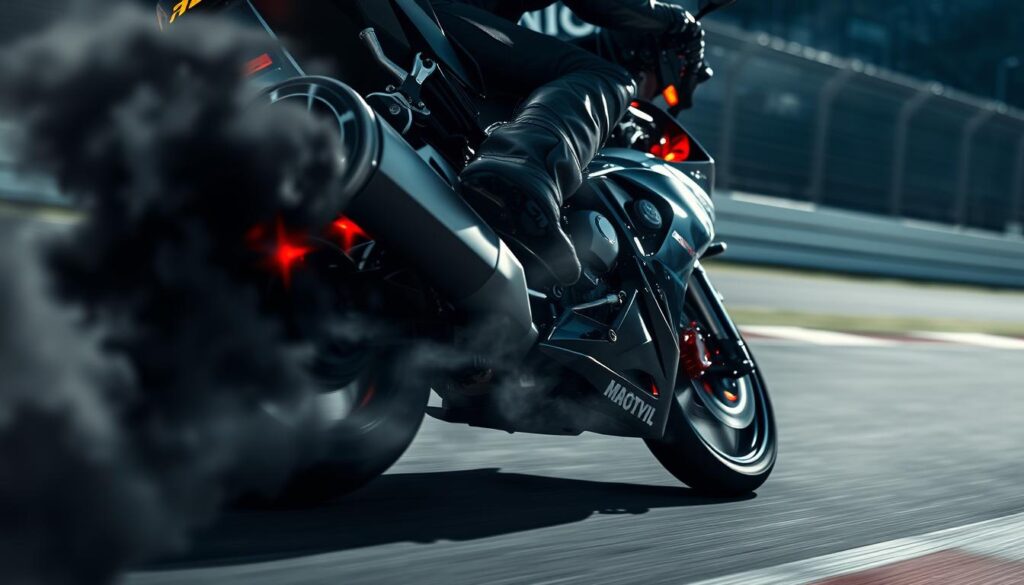A high-speed motorcycle race, the front tire scraping the tarmac as the rider leans into a tight turn. Thick black tire smoke billows, brakes glowing red-hot, the rider's face set in fierce concentration. The motorcycle's sleek bodywork gleams under the bright track lighting, while the background blurs with the velocity. Dramatic shadows and highlights create a sense of urgency and motion, capturing the thrill and intensity of the braking maneuver. The composition emphasizes the motorcycle and rider, highlighting the technical skill and nerve required to execute a perfect, high-speed braking zone.