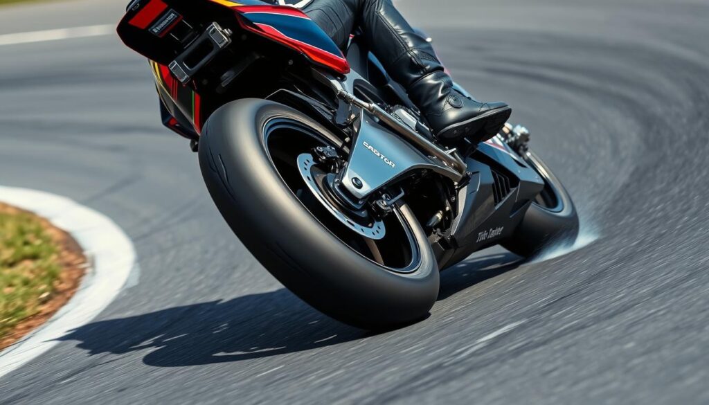A high-speed motorcycle rider leans deep into a racetrack corner, their knee nearly scraping the asphalt. The rider's body is perfectly balanced, weight shifted forward, hips rotated to carve the turn. The motorcycle's tires grip the pavement, tires steaming as they push the limits of adhesion. The scene is captured in crisp detail, with strong, directional lighting accentuating the rider's fluid movements and the machine's sleek design. The image conveys the precision and skill of a professional racer's "knee dragging" technique, a key element of high-performance cornering. A high-speed motorcycle rider leans deep into a racetrack corner, their knee nearly scraping the asphalt. The rider's body is perfectly balanced, weight shifted forward, hips rotated to carve the turn. The motorcycle's tires grip the pavement, tires steaming as they push the limits of adhesion. The scene is captured in crisp detail, with strong, directional lighting accentuating the rider's fluid movements and the machine's sleek design. The image conveys the precision and skill of a professional racer's "knee dragging" technique, a key element of high-performance cornering.