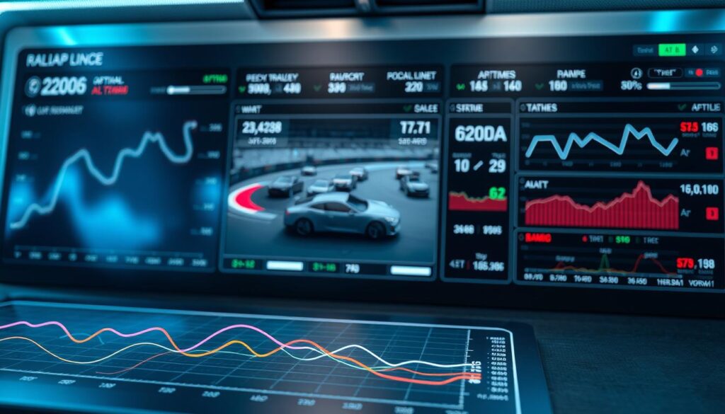 A high-tech data visualization dashboard displays racing lap times and performance analytics. In the foreground, a detailed line graph shows the optimal racing line for a racetrack, with key apex points highlighted. In the middle ground, 3D visualizations of cars navigating the track are juxtaposed, allowing comparison of different driving styles and trajectories. The background features a sleek, metallic user interface with advanced telemetry data, color-coded to emphasize areas for improvement. Soft blue and white lighting creates a clinical, analytical ambiance, while subtle reflections on the dashboard surface add depth and realism. The overall scene conveys a sense of precision, data-driven strategy, and the pursuit of faster lap times. A high-tech data visualization dashboard displays racing lap times and performance analytics. In the foreground, a detailed line graph shows the optimal racing line for a racetrack, with key apex points highlighted. In the middle ground, 3D visualizations of cars navigating the track are juxtaposed, allowing comparison of different driving styles and trajectories. The background features a sleek, metallic user interface with advanced telemetry data, color-coded to emphasize areas for improvement. Soft blue and white lighting creates a clinical, analytical ambiance, while subtle reflections on the dashboard surface add depth and realism. The overall scene conveys a sense of precision, data-driven strategy, and the pursuit of faster lap times.