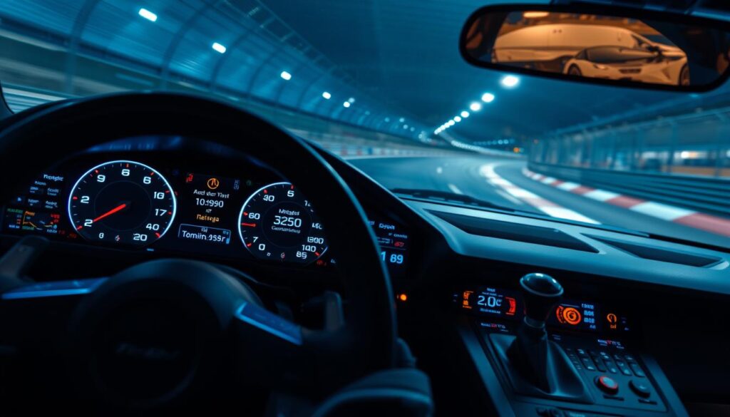 A high-tech racing dashboard fills the frame, aglow with a spectrum of digital readouts and indicators. The steering wheel and gear shifter are prominently displayed, hinting at the driver's imminent action. In the background, a blurred racetrack rushes by, suggesting intense speed and motion. Soft blue lighting casts an analytical, technical atmosphere, complemented by the clean, minimalist design of the telemetry display. Granular data streams across the various screens, providing the racer with a wealth of crucial information to optimize their performance and shave precious seconds off their lap time.