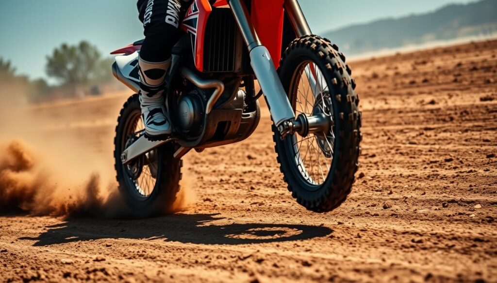 A motocross rider performing holeshot drills on a dirt track, the rider's legs and bike tires kicking up clouds of dust in slow motion, captured from a low angle with a wide-angle lens to emphasize the dynamic motion and power of the maneuver. The lighting is harsh and directional, casting dramatic shadows that accentuate the rider's form and the bike's lines. The background is blurred, placing the focus on the rider's technique as they launch off the starting line, the tension and energy of the moment palpable. A motocross rider performing holeshot drills on a dirt track, the rider's legs and bike tires kicking up clouds of dust in slow motion, captured from a low angle with a wide-angle lens to emphasize the dynamic motion and power of the maneuver. The lighting is harsh and directional, casting dramatic shadows that accentuate the rider's form and the bike's lines. The background is blurred, placing the focus on the rider's technique as they launch off the starting line, the tension and energy of the moment palpable.