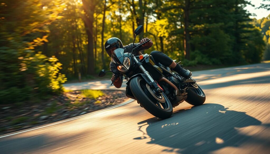 A motorcycle leaning into a sharp turn, the rider's body perfectly balanced, their eyes intently focused on the road ahead. The front tire grips the asphalt, the suspension compressed as the bike dives into the corner, the rider's foot barely skimming the ground. Warm, golden sunlight filters through the trees, casting dynamic shadows across the scene. The road winds through a lush, green forest, inviting the rider to push the limits of their machine. A sense of speed and precision permeates the image, highlighting the advantages of trail braking over traditional braking techniques.