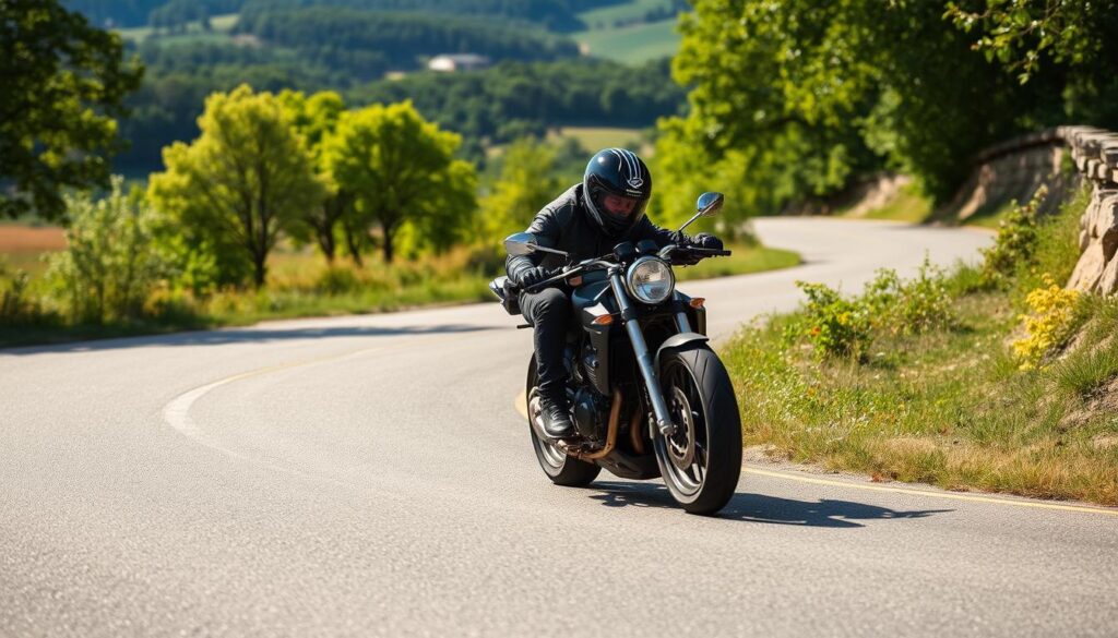 A motorcycle rider in full protective gear leans into a tight turn, their bike's tires scraping the asphalt as they expertly execute a trail braking drill on a winding, sun-dappled road through a scenic countryside. The rider's intense focus is evident as they apply smooth, progressive braking while gently transitioning their weight, maintaining precise control. In the background, lush green trees and rolling hills create a serene, peaceful atmosphere, heightening the sense of technical mastery on display.