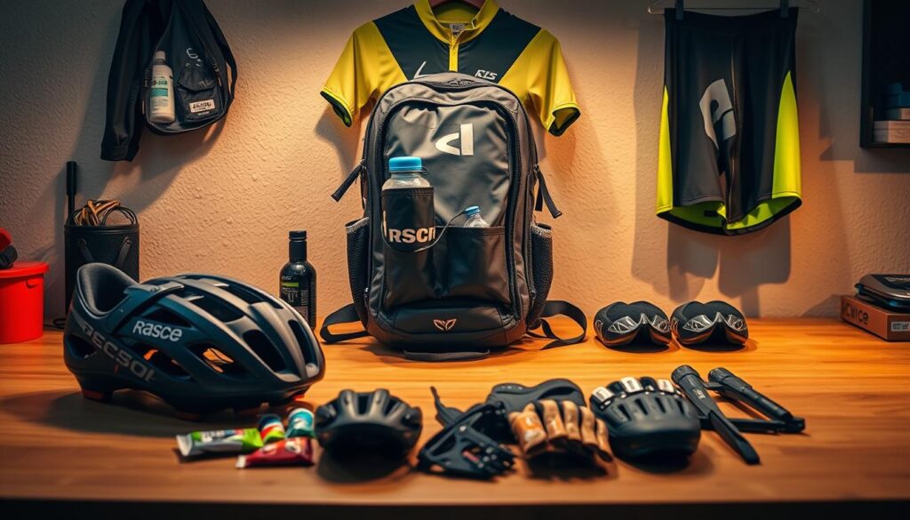 A neatly organized workbench showcases an array of essential race equipment. In the foreground, sleek cycling shoes, a helmet, and a pair of gloves sit alongside energy gels and electrolyte tablets. The middle ground features a meticulously packed backpack, its contents visible through a transparent panel - including a water bottle, a spare tire, and a compact toolkit. In the background, a jersey, cycling shorts, and a high-visibility vest hang on a rack, illuminated by warm, focused lighting that casts subtle shadows, creating a sense of depth and professionalism. The scene conveys a mood of preparedness, efficiency, and a dedication to the sport of cycling.