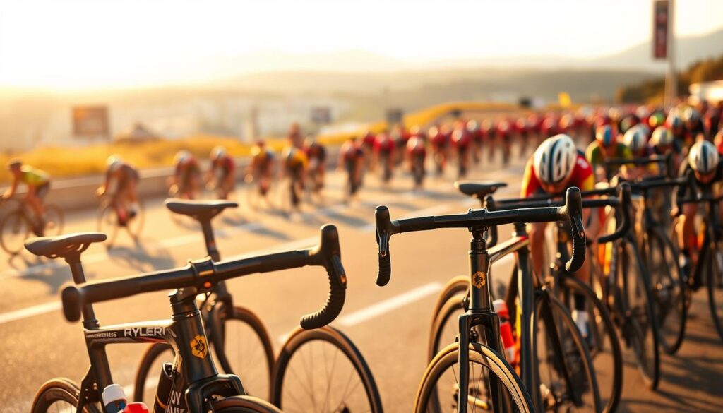 A professional cycling race circuit, bathed in warm golden light. In the foreground, an array of state-of-the-art racing bicycles, their sleek carbon frames and aerodynamic components gleaming. Handlebars adorned with advanced electronic shifters, disc brakes, and minimalist cockpits. In the middle ground, a crowd of cyclists in vibrant team kits, their bikes outfitted with the latest high-performance tires, aerodynamic wheels, and integrated power meters. In the background, a blurred cityscape or scenic landscape, hinting at the grand scale of the event. The overall atmosphere conveys a sense of speed, technology, and the pinnacle of professional cycling gear and equipment.