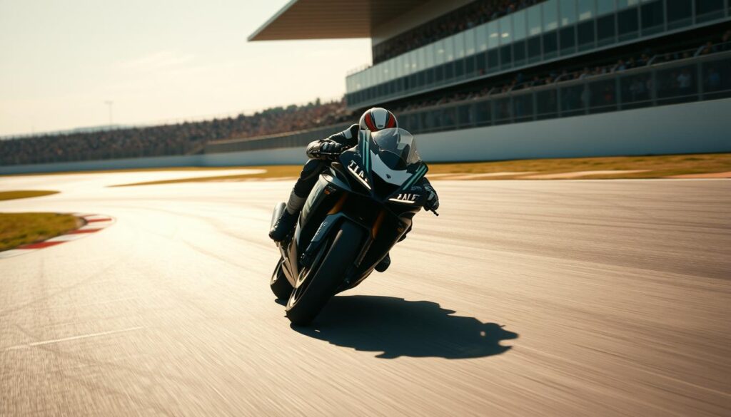 A professional motorcycle racer navigating a twisting racetrack, their bike leaning into a sharp turn as they execute a precise racing line. Sunlight casts dramatic shadows across the asphalt, with the rider's focused expression and body positioning conveying intense determination. In the background, a crowd of spectators line the circuit, creating an atmosphere of excitement and high-stakes competition. The scene is captured with a cinematic wide-angle lens, emphasizing the speed and dynamism of the race. The lighting is balanced, creating depth and highlighting the rider's technical skills as they apply advanced racing strategies to gain an edge over their rivals.