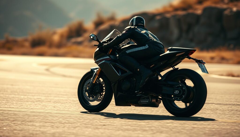 A professional motorcycle rider in a sleek racing suit leans into a tight corner, their body forming a perfect arc as they navigate the asphalt. The scene is captured with a wide-angle lens, showcasing the rider's dynamic and progressive leaning technique. Warm sunlight filters through the scene, casting dramatic shadows and highlighting the details of the rider's form. The background blurs into a hazy, out-of-focus landscape, putting the focus squarely on the rider's fluid, precision-driven movements. This image perfectly encapsulates the essence of "Progressive Leaning" - the ability to push the limits of a motorcycle's capabilities through masterful body control and weight distribution.