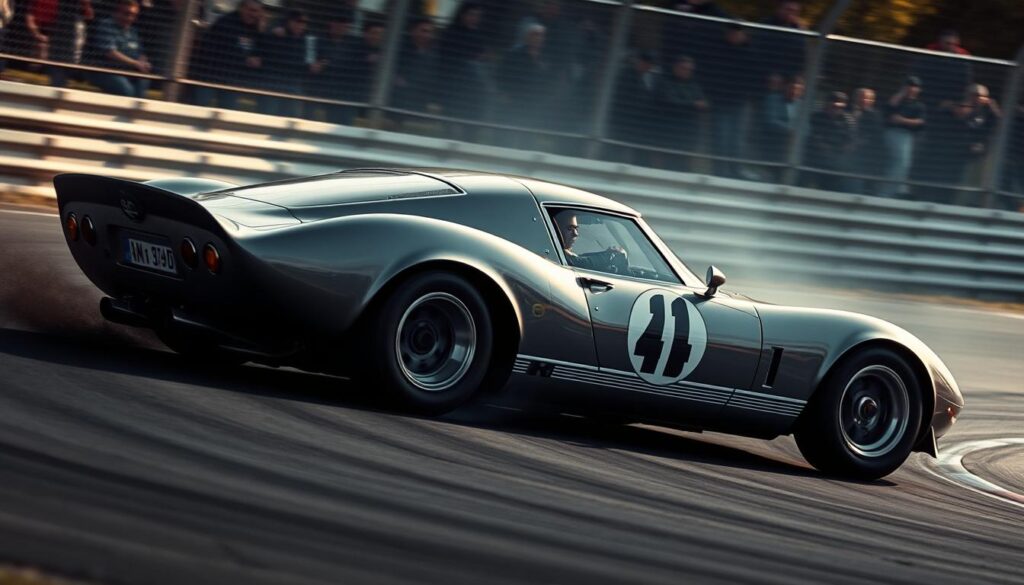 A race car mid-drift, rear wheels kicked out, the driver's face contorted in intense concentration as they navigate a tight corner. Shadows and highlights accentuate the car's sleek lines, capturing the drama and tension of the moment. The background blurs into a blur of spectators and trackside barriers, drawing the eye to the car's precarious position. Moody lighting casts long shadows, heightening the sense of danger and the driver's struggle to maintain control. A classic high-performance sports car, the roar of the engine and the smell of burning rubber palpable in the air. A race car mid-drift, rear wheels kicked out, the driver's face contorted in intense concentration as they navigate a tight corner. Shadows and highlights accentuate the car's sleek lines, capturing the drama and tension of the moment. The background blurs into a blur of spectators and trackside barriers, drawing the eye to the car's precarious position. Moody lighting casts long shadows, heightening the sense of danger and the driver's struggle to maintain control. A classic high-performance sports car, the roar of the engine and the smell of burning rubber palpable in the air.