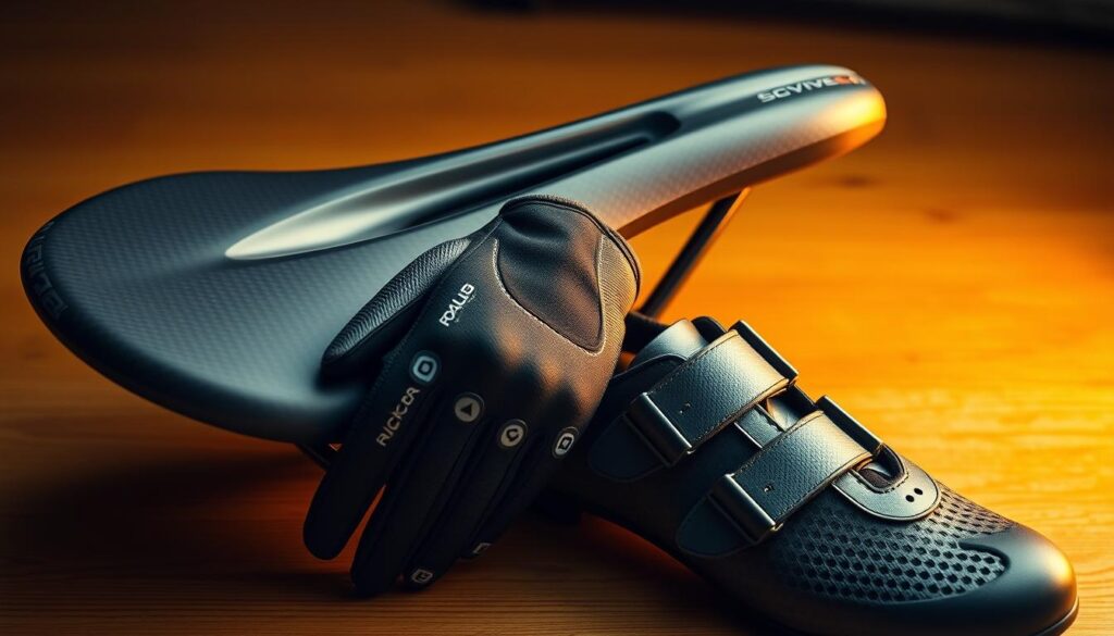 A sleek, high-performance cycling setup showcasing the essential contact points: a carbon fiber road bike saddle with a sculpted profile, a pair of lightweight, well-padded cycling gloves with strategically placed gel inserts, and a pair of precision-engineered cycling shoes with a stiff carbon fiber sole and a secure, adjustable strap system. The scene is bathed in a warm, golden light, highlighting the smooth, aerodynamic lines and premium materials of the gear. The overall impression conveys the dedication, attention to detail, and performance-driven mindset of the professional cyclist.