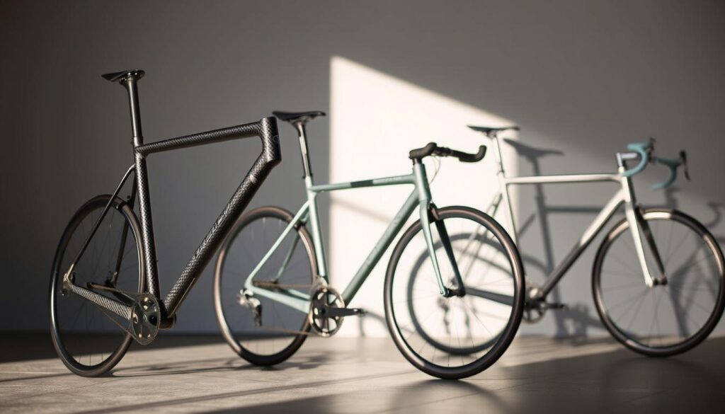 A well-lit, detailed comparison of racing bike frame materials. In the foreground, a sleek carbon fiber frame stands prominently, showcasing its lightweight and aerodynamic design. Next to it, a sturdy aluminum frame highlights its durability and affordability. In the background, a titanium frame gleams, representing the perfect balance of strength, weight, and comfort. The scene is captured from a slightly elevated angle, allowing the viewer to appreciate the subtle differences in construction and aesthetic appeal of each material. The lighting is soft and natural, casting gentle shadows that accentuate the frames' contours. The overall mood is one of technical precision and thoughtful consideration of the key features that define a high-performance racing bike.