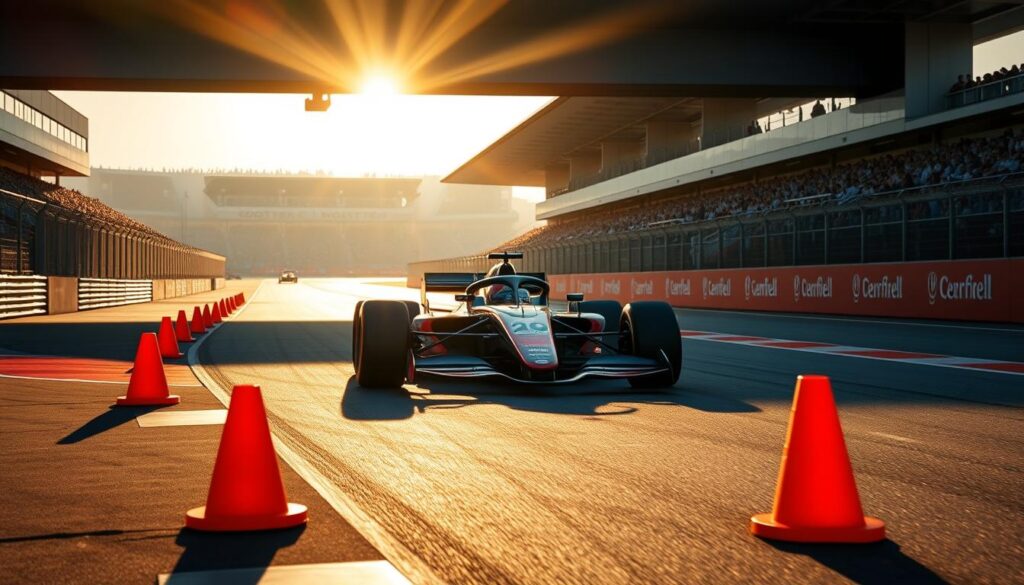 A well-lit racetrack, the sun's golden rays casting long shadows. In the foreground, rows of bright orange cones mark the brake markers, their positions strategically mapped out. The middle ground showcases a Formula 1 car, its sleek design and vibrant livery reflecting the track's surface. In the background, the grandstands are alive with the energy of spectators, their cheers and the roar of engines creating an electric atmosphere. The camera captures the scene from a low angle, emphasizing the power and speed of the car as it navigates the practice drills, preparing the driver for the ultimate test of skill and precision on the race day. A well-lit racetrack, the sun's golden rays casting long shadows. In the foreground, rows of bright orange cones mark the brake markers, their positions strategically mapped out. The middle ground showcases a Formula 1 car, its sleek design and vibrant livery reflecting the track's surface. In the background, the grandstands are alive with the energy of spectators, their cheers and the roar of engines creating an electric atmosphere. The camera captures the scene from a low angle, emphasizing the power and speed of the car as it navigates the practice drills, preparing the driver for the ultimate test of skill and precision on the race day.