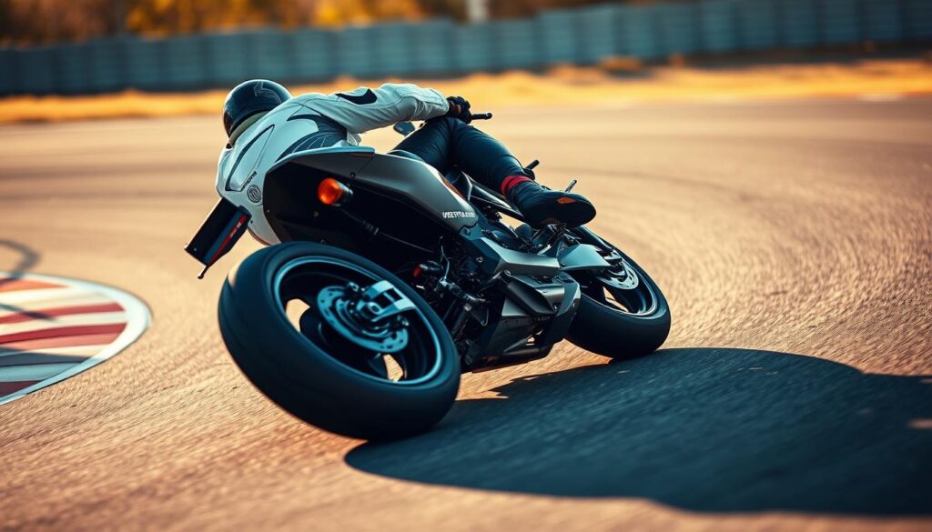 a high-speed motorcycle racing through a sharp corner, the rider leaning low and the rear tire clearly visible as they execute a precise trail braking maneuver, the bike's suspension compressed under heavy braking, the rider's focused expression and the motorcycle's sleek design all captured in a dramatic wide-angle shot with a shallow depth of field, the background blurred to emphasize the action, the scene lit by warm afternoon sunlight casting long shadows across the asphalt track a high-speed motorcycle racing through a sharp corner, the rider leaning low and the rear tire clearly visible as they execute a precise trail braking maneuver, the bike's suspension compressed under heavy braking, the rider's focused expression and the motorcycle's sleek design all captured in a dramatic wide-angle shot with a shallow depth of field, the background blurred to emphasize the action, the scene lit by warm afternoon sunlight casting long shadows across the asphalt track