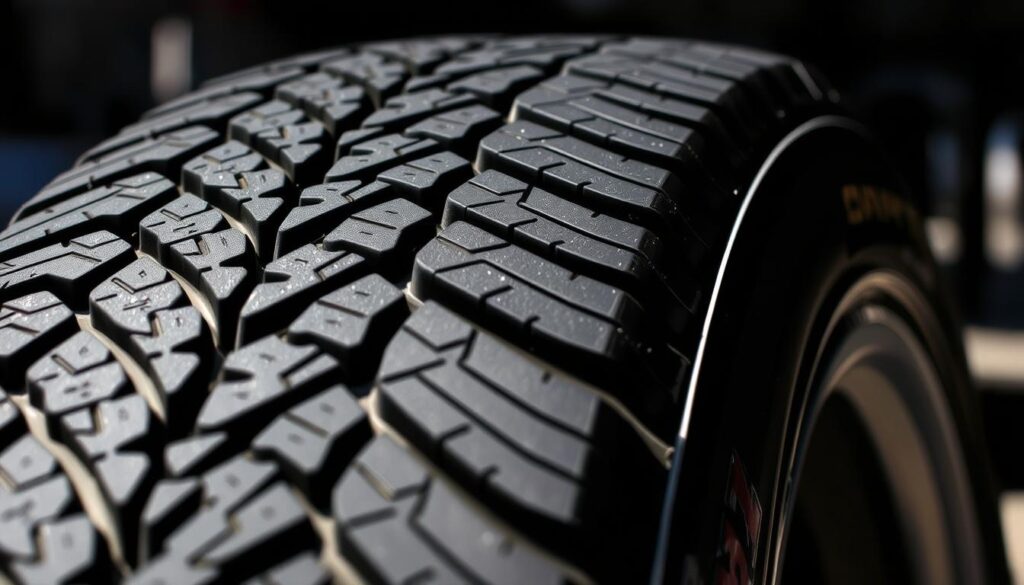 A close-up view of a high-performance racing tire's tread, showcasing its intricate pattern and aggressive grip. The tire is shot from a low angle, highlighting the texture and contours of the rubber compound. Dramatic lighting casts sharp shadows, emphasizing the tire's rugged, functional design. The background is blurred, keeping the focus on the tire's critical role in maintaining traction and control during high-speed cornering and braking. This image illustrates the importance of choosing the right tire compound and tread pattern for specific racing conditions, as discussed in the "When and Why to Change Tires Pre-Race" section of the article. A close-up view of a high-performance racing tire's tread, showcasing its intricate pattern and aggressive grip. The tire is shot from a low angle, highlighting the texture and contours of the rubber compound. Dramatic lighting casts sharp shadows, emphasizing the tire's rugged, functional design. The background is blurred, keeping the focus on the tire's critical role in maintaining traction and control during high-speed cornering and braking. This image illustrates the importance of choosing the right tire compound and tread pattern for specific racing conditions, as discussed in the "When and Why to Change Tires Pre-Race" section of the article.