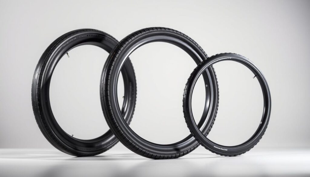 A close-up view of three distinct bicycle tire types - tubeless, tubular, and clincher - displayed side-by-side on a clean, well-lit surface. The tires are shown in high detail, showcasing their unique construction, tread patterns, and cross-sections. The lighting is soft and directional, casting subtle shadows that accentuate the contours and textures of the rubber. The background is a neutral, muted tone that allows the tires to be the focal point. The overall composition is balanced and visually striking, highlighting the key differences between these three popular racing tire options. A close-up view of three distinct bicycle tire types - tubeless, tubular, and clincher - displayed side-by-side on a clean, well-lit surface. The tires are shown in high detail, showcasing their unique construction, tread patterns, and cross-sections. The lighting is soft and directional, casting subtle shadows that accentuate the contours and textures of the rubber. The background is a neutral, muted tone that allows the tires to be the focal point. The overall composition is balanced and visually striking, highlighting the key differences between these three popular racing tire options.