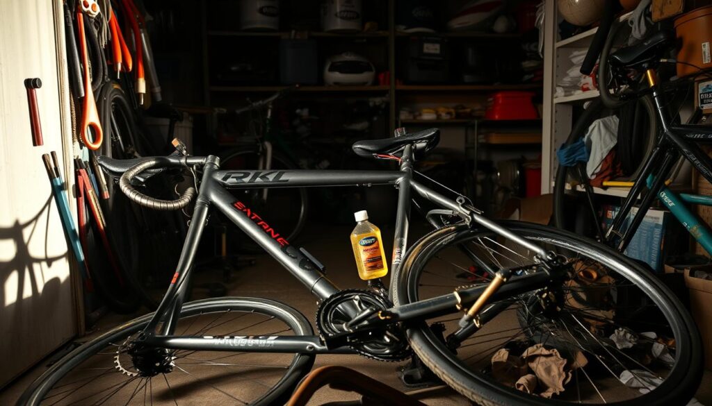 A cluttered garage workshop, dimly lit, casting long shadows. In the foreground, an amateur's racing bike lies in disarray, parts scattered haphazardly. The frame is dented, wheels misaligned, a damaged derailleur dangling. In the middle ground, a collection of ill-suited tools, a half-empty bottle of lubricant, and a tangle of greasy rags hint at a botched repair attempt. The background reveals a cramped, cluttered space, shelves overflowing with miscellaneous bike parts, a stark contrast to the sleek, high-performance machines one would expect in a professional racing setup. The overall atmosphere conveys a sense of inexperience, poor planning, and the potential pitfalls faced by amateur racers when maintaining their equipment.