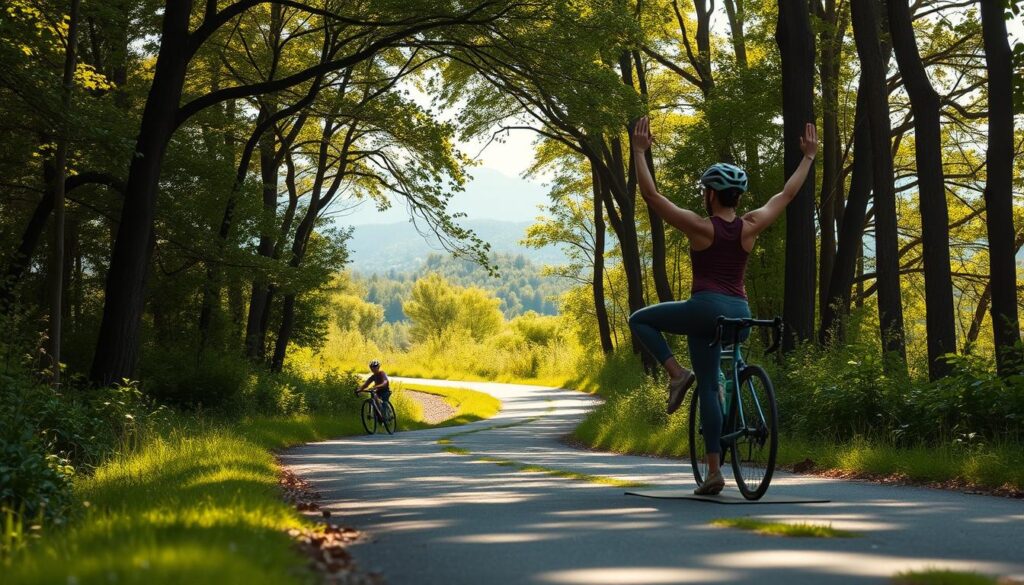 A cyclist performing yoga poses on a tranquil forest path, bathed in warm, natural lighting. The foreground features the cyclist in a variety of joint-strengthening asanas, such as Warrior II, Tree Pose, and Crescent Lunge, showcasing the mobility and balance required for off-season cross-training. The middle ground depicts a winding trail surrounded by lush greenery, with dappled sunlight filtering through the canopy. In the background, a serene landscape of rolling hills and distant mountains sets a calming, restorative atmosphere, encouraging mindfulness and injury prevention. A cyclist performing yoga poses on a tranquil forest path, bathed in warm, natural lighting. The foreground features the cyclist in a variety of joint-strengthening asanas, such as Warrior II, Tree Pose, and Crescent Lunge, showcasing the mobility and balance required for off-season cross-training. The middle ground depicts a winding trail surrounded by lush greenery, with dappled sunlight filtering through the canopy. In the background, a serene landscape of rolling hills and distant mountains sets a calming, restorative atmosphere, encouraging mindfulness and injury prevention.
