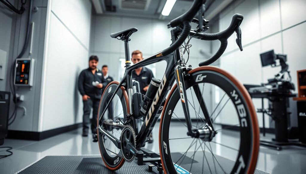A high-speed racing bicycle undergoing rigorous stress testing in a state-of-the-art laboratory. In the foreground, the bike's components are being put through their paces, with sensors and instruments meticulously monitoring their performance and durability. The middle ground features a team of technicians closely observing the test, their expressions focused and intent. In the background, a sleek, minimalist workspace with clean lines and advanced equipment, creating a professional, scientific atmosphere. Dramatic, dynamic lighting casts dramatic shadows, highlighting the intricate engineering and the dedication to ensuring the bike's maximum performance and reliability. A high-speed racing bicycle undergoing rigorous stress testing in a state-of-the-art laboratory. In the foreground, the bike's components are being put through their paces, with sensors and instruments meticulously monitoring their performance and durability. The middle ground features a team of technicians closely observing the test, their expressions focused and intent. In the background, a sleek, minimalist workspace with clean lines and advanced equipment, creating a professional, scientific atmosphere. Dramatic, dynamic lighting casts dramatic shadows, highlighting the intricate engineering and the dedication to ensuring the bike's maximum performance and reliability.