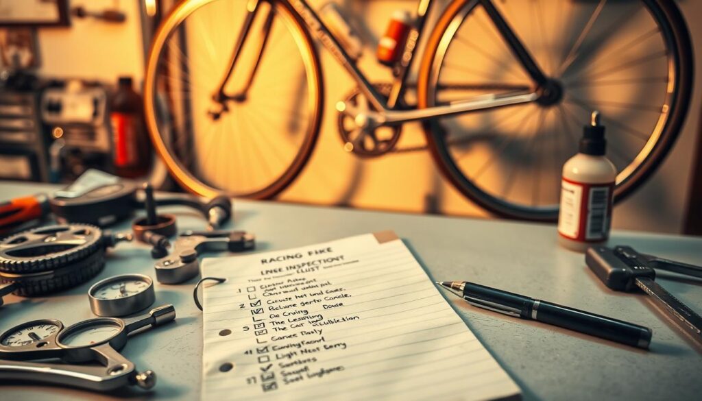 A neatly organized racing bike gear inspection checklist laid out on a clean workbench. The checklist is meticulously handwritten on a weathered paper notepad, with a mechanical pencil resting nearby. In the foreground, various bicycle tools and components are arranged in an orderly fashion, including tire gauges, spoke wrenches, and chain lubrication bottles. The middle ground features the bike itself, its frame gleaming under the warm, focused lighting, casting subtle shadows. The background is blurred, creating a sense of depth and emphasizing the attention to detail in the scene. The overall mood is one of diligent preparation, with a touch of vintage charm befitting a serious racer's pre-race ritual.