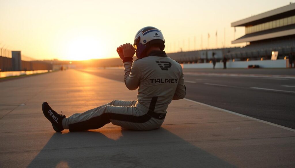 A racecar driver sits on the ground, legs stretched out, in a quiet trackside area. They perform gentle stretches and massage their sore muscles, their racing suit unzipped to reveal a sweat-dampened undershirt. The sun casts long shadows as it sinks below the horizon, creating a warm, golden-hour glow. In the background, the racetrack stands empty, with a few scattered crew members packing up equipment. The atmosphere is one of quiet reflection and recovery after the intensity of the race.