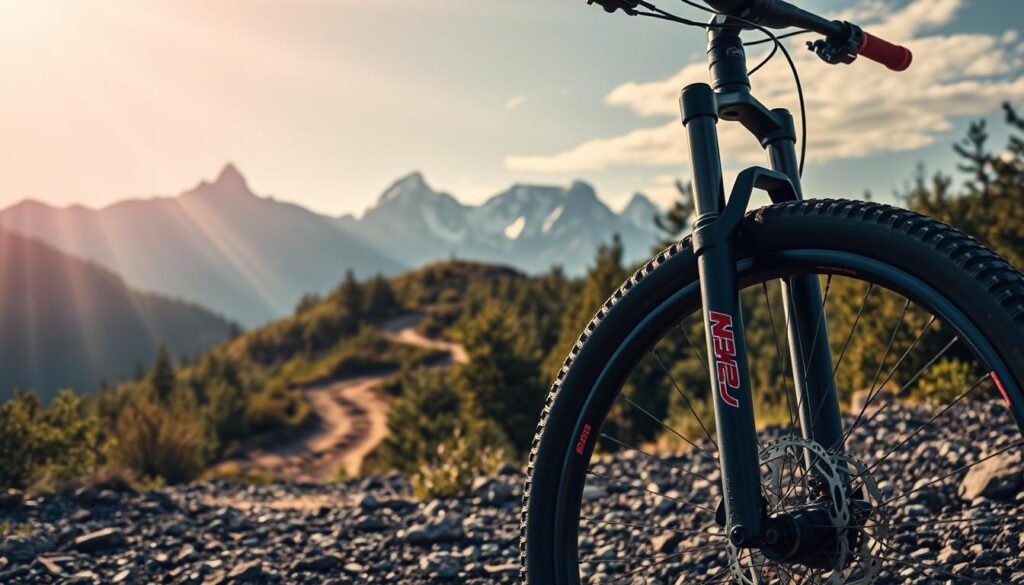 A rugged mountain bike stands in the foreground, its tires gripping the rocky terrain. Sleek, high-performance upgrades adorn the frame - a lightweight carbon fork, hydraulic disc brakes, and a precision-tuned drivetrain. In the middle ground, a winding dirt trail snakes through lush, verdant foliage, hinting at the challenging yet exhilarating ride ahead. The backdrop features majestic, snow-capped peaks, their jagged silhouettes framed by a bright, azure sky. Beams of warm, golden light filter through the scene, creating a sense of adventure and exploration. The overall mood is one of excitement and anticipation, capturing the spirit of an enthusiast upgrading their bike to conquer new heights on the trail.