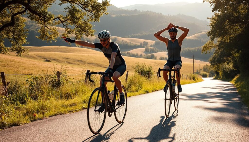 A sun-dappled outdoor scene, a cyclist performing a series of dynamic warmup exercises on a quiet country road. In the foreground, the rider stretches their hamstrings and quad muscles, preparing their body for the ride ahead. In the middle ground, they move through leg swings and torso twists, warming up their core. In the background, rolling hills and lush greenery create a tranquil, restorative atmosphere. Soft, diffused natural lighting illuminates the scene, casting long shadows and a warm, golden glow. The cyclist's movements are fluid and intentional, their focus evident as they prime their body for the challenges of the ride.