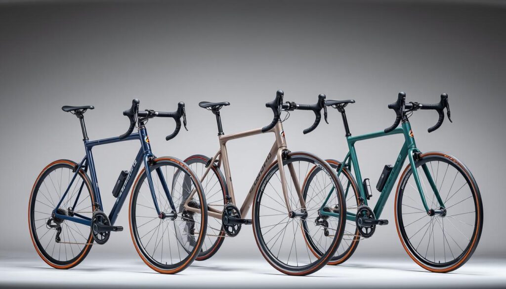 A well-lit close-up shot of three affordable yet performance-oriented road racing bicycles, arranged in the foreground against a slightly blurred, minimalist background. The bikes feature sleek, aerodynamic frames in muted colors like navy, charcoal, and forest green, complemented by high-quality components like carbon fiber forks, Shimano groupsets, and deep-dish alloy wheels. The lighting is soft and slightly directional, highlighting the bikes' clean lines and premium finishes. The overall mood is one of understated elegance and accessible speed, capturing the essence of capable, budget-friendly racing machines.