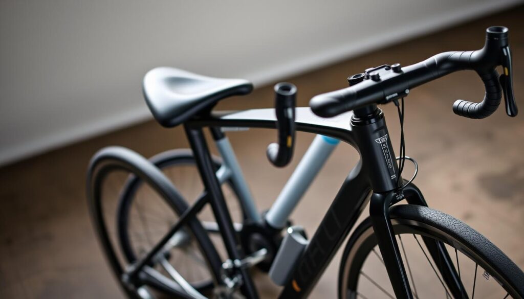 A well-lit, high-angle photograph showcasing the key components of a beginner racing bike setup. In the foreground, a lightweight carbon fiber frame with a sleek, aerodynamic profile. The handlebars feature drop-style grips, positioned for an aggressive riding stance. The rear derailleur and cassette are visible, hinting at the efficient gear ratios. In the middle ground, a pair of deep-dish alloy wheels with slim, high-pressure tires. The saddle is sleek and minimalist, optimized for performance. The background is blurred, focusing the viewer's attention on the carefully selected parts that make up this beginner-friendly, yet high-performance racing machine. A well-lit, high-angle photograph showcasing the key components of a beginner racing bike setup. In the foreground, a lightweight carbon fiber frame with a sleek, aerodynamic profile. The handlebars feature drop-style grips, positioned for an aggressive riding stance. The rear derailleur and cassette are visible, hinting at the efficient gear ratios. In the middle ground, a pair of deep-dish alloy wheels with slim, high-pressure tires. The saddle is sleek and minimalist, optimized for performance. The background is blurred, focusing the viewer's attention on the carefully selected parts that make up this beginner-friendly, yet high-performance racing machine.