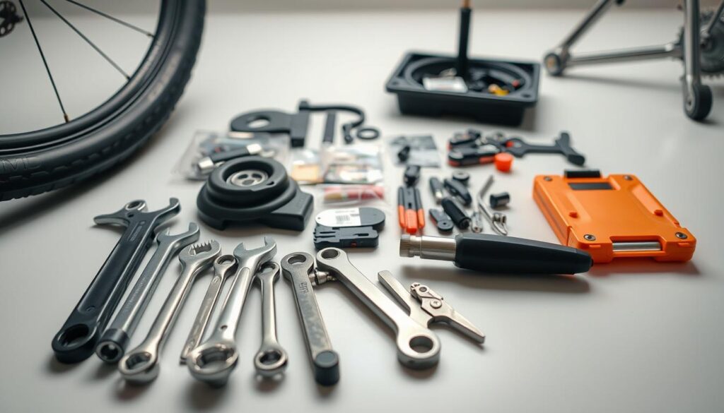 A well-lit, high-resolution close-up shot of a meticulously organized collection of essential bike maintenance tools and spare parts. In the foreground, a set of Allen wrenches, tire levers, and a chain tool arranged neatly on a clean, smooth surface. In the middle ground, a selection of inner tubes, tire patches, and a compact multi-tool. In the background, a bike pump, a repair stand, and a small parts organizer tray. The scene conveys a sense of preparedness, attention to detail, and the importance of being equipped with the right tools and spares for a successful and self-sufficient ride.