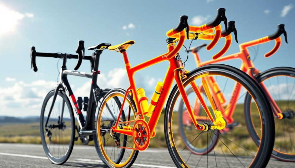 a detailed cross-section view of several high-performance racing bicycles with a thermal overlay, showcasing the heat signatures and temperature gradients across the frame, components, and tires during a simulated high-speed race on a sunny day, rendered in a hyper-realistic photographic style with crisp details, accurate proportions, and natural lighting