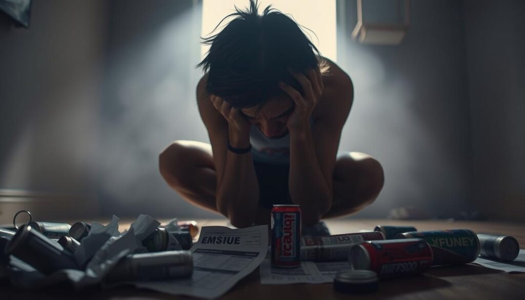 A distressed athlete hunched over in a dimly lit room, brow furrowed, hands clutching their head. In the foreground, crumpled training schedules and discarded energy drink cans clutter the floor, symbolizing the mental and physical strain of overtraining. The middle ground features a hazy, unfocused background, conveying a sense of disorientation and cognitive fatigue. Soft, dramatic lighting casts long shadows, heightening the anguished, introspective mood. The scene evokes the critical mistakes made during mental race preparation that can lead to injury and burnout.