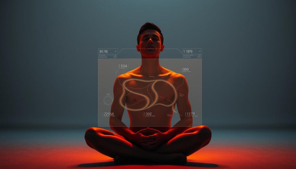 A focused, serene athlete sits cross-legged, eyes closed, in a dimly lit, minimalist room. Their face is illuminated by warm, soft light, emanating a sense of deep concentration and mental preparation. In the middle ground, a transparent, holographic overlay displays visualizations of a racetrack, with data and metrics floating around, guiding the athlete's mental simulation. The background is blurred, creating a sense of depth and isolating the subject, conveying the intense, introspective nature of their pre-race mental strategies.