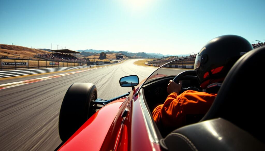 A professional race car driver navigating a winding track, focused and determined, as the sun casts a warm glow across the scene. In the foreground, the sleek, high-performance vehicle hugs the curves, its tires gripping the asphalt. The driver's hands are firmly on the steering wheel, their face shielded by a tinted visor. In the middle ground, the racetrack stretches out, flanked by grandstands filled with cheering spectators. The background is a panoramic vista of rolling hills and a clear, azure sky, creating a sense of motion and speed. The overall atmosphere is one of excitement, adrenaline, and the pursuit of excellence.