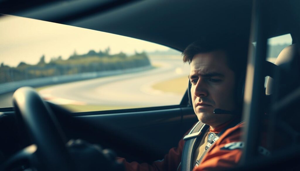 A racecar driver, eyes heavy with fatigue, struggles to stay alert as they navigate a winding circuit. The cockpit is dimly lit, casting shadows that accentuate the driver's strained expression. Surrounding the car, the track fades into a blurred, dreamlike landscape, hinting at the disorientation and lack of focus caused by sleep deprivation. The scene conveys the critical importance of rest and recovery for optimal racing performance, as the driver's safety and success are jeopardized by the effects of exhaustion.