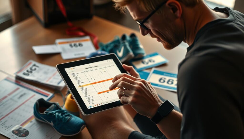 A seasoned runner meticulously customizing a race plan on a digital tablet, surrounded by detailed training schedules, race bibs, and running shoes. The lighting is warm and focused, creating a contemplative atmosphere as the runner reviews data and makes strategic adjustments. The composition emphasizes the planning process, with the tablet in the foreground, surrounded by the runner's race-day essentials in the middle ground, and a blurred background hinting at the excitement of the upcoming event.