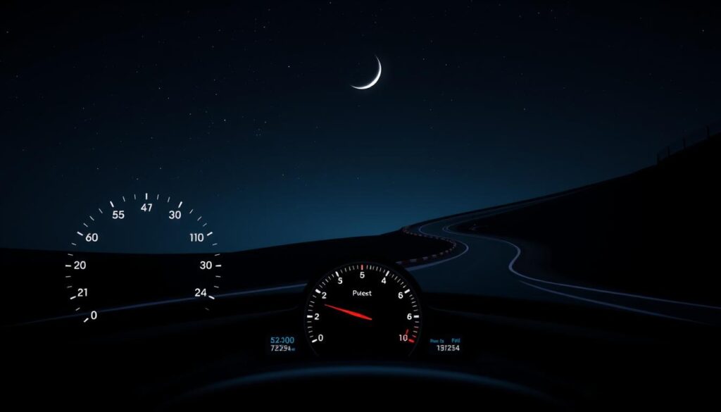 A serene dashboard display showcasing key performance metrics for racing. The foreground features a stylized, minimalist speedometer, tachometer, and fuel gauge against a dark background. The middle ground depicts a calm, starry night sky with a faint crescent moon, evoking a sense of tranquility and focus. In the background, a winding racetrack curves gently, its edges softly illuminated by subtle, ambient lighting. The overall scene conveys a sense of precision, concentration, and the importance of rest and recovery for optimal racing performance. A serene dashboard display showcasing key performance metrics for racing. The foreground features a stylized, minimalist speedometer, tachometer, and fuel gauge against a dark background. The middle ground depicts a calm, starry night sky with a faint crescent moon, evoking a sense of tranquility and focus. In the background, a winding racetrack curves gently, its edges softly illuminated by subtle, ambient lighting. The overall scene conveys a sense of precision, concentration, and the importance of rest and recovery for optimal racing performance.