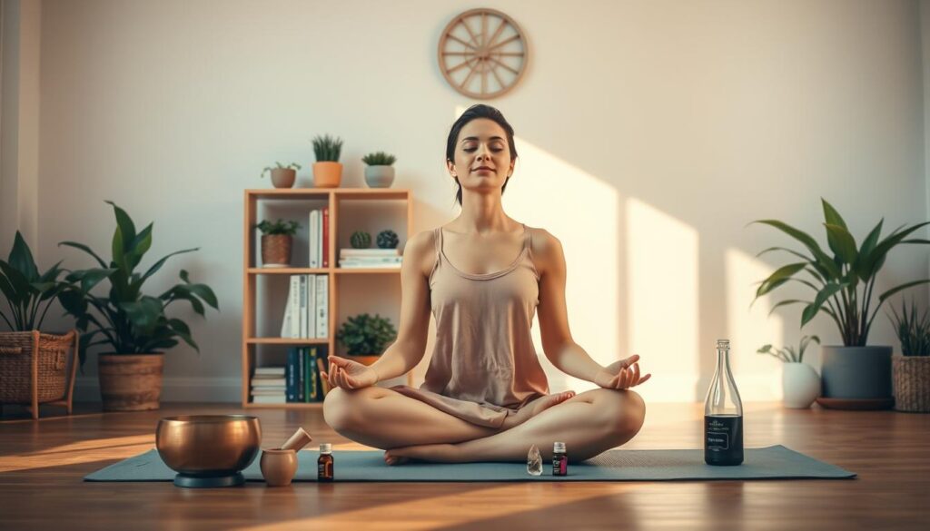 A serene indoor setting, bathed in warm, natural lighting. In the foreground, a person sits cross-legged on a yoga mat, eyes closed, their expression one of deep focus and tranquility. Surrounding them, an assortment of meditation tools - a singing bowl, essential oil diffuser, and crystals - arranged intentionally. In the middle ground, potted plants and shelves of self-help books create a calming, introspective atmosphere. The background features a minimalist, Scandinavian-inspired wall decor, subtle and uncluttered, allowing the scene to take center stage. The overall mood is one of introspection, mental clarity, and resilience-building through mindful practices. A serene indoor setting, bathed in warm, natural lighting. In the foreground, a person sits cross-legged on a yoga mat, eyes closed, their expression one of deep focus and tranquility. Surrounding them, an assortment of meditation tools - a singing bowl, essential oil diffuser, and crystals - arranged intentionally. In the middle ground, potted plants and shelves of self-help books create a calming, introspective atmosphere. The background features a minimalist, Scandinavian-inspired wall decor, subtle and uncluttered, allowing the scene to take center stage. The overall mood is one of introspection, mental clarity, and resilience-building through mindful practices.