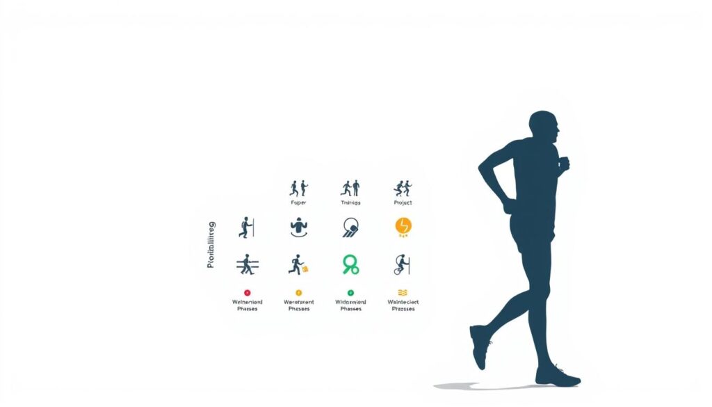 A sleek, minimalist illustration depicting various periodization strategies for endurance athletes. In the foreground, a runner's silhouette stands against a clean white background, representing the athlete's journey. In the middle ground, a grid-like diagram showcases different training phases, each denoted by distinct icons and colors, guiding the viewer through the periodization process. The background features a subtle gradient, evoking a sense of progression and forward momentum. The overall composition conveys a balanced, scientific approach to optimizing endurance performance through strategic training. A sleek, minimalist illustration depicting various periodization strategies for endurance athletes. In the foreground, a runner's silhouette stands against a clean white background, representing the athlete's journey. In the middle ground, a grid-like diagram showcases different training phases, each denoted by distinct icons and colors, guiding the viewer through the periodization process. The background features a subtle gradient, evoking a sense of progression and forward momentum. The overall composition conveys a balanced, scientific approach to optimizing endurance performance through strategic training.