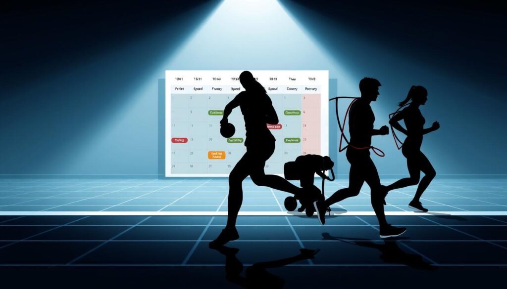 A sleek, minimalist illustration of periodization strategies for runners, captured in a dynamic, high-contrast style. In the foreground, a runner's silhouette performs a series of strength training exercises, with weights and resistance bands visible. In the middle ground, a calendar grid highlights different training phases, color-coded to represent periodization cycles of endurance, speed, and recovery. The background features a clean, geometric pattern suggestive of running tracks, with subtle gradients of blues and grays evoking the crisp, athletic atmosphere. Dramatic lighting casts long shadows, heightening the sense of power and discipline. The overall composition conveys the importance of structured, periodized training for runners seeking to optimize their performance.