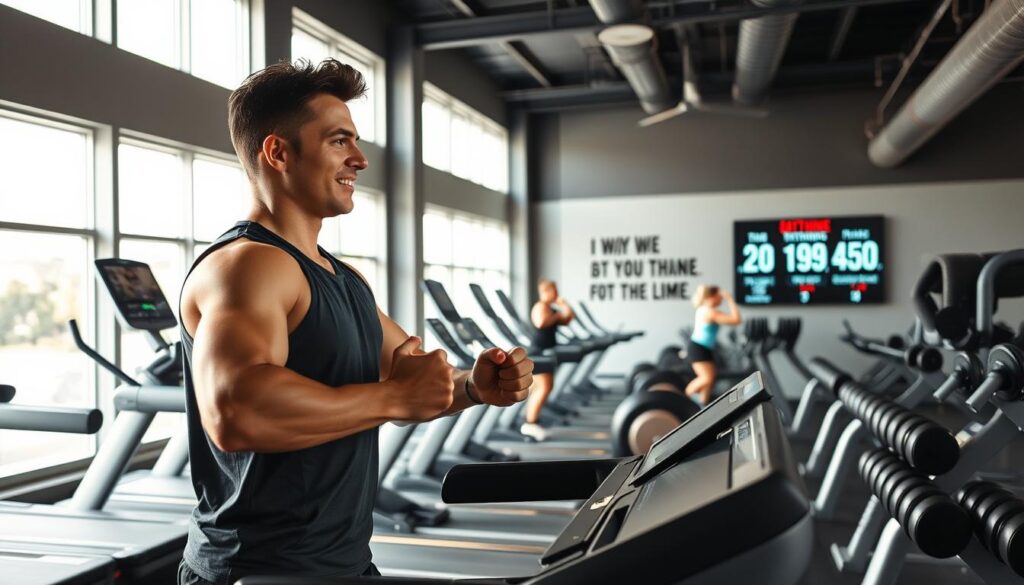 A well-equipped gym interior with ample natural light filtering through large windows. In the foreground, a person performing high-intensity interval training on a treadmill, their expression determined as they push through a challenging tempo workout. Surrounding them, state-of-the-art cardio equipment and free weights, creating a dynamic, motivating atmosphere. In the middle ground, another individual performing squats with perfect form, highlighting the diverse training options available. The background features inspirational wall art and a large, digital display showing real-time performance metrics, encouraging users to optimize their pacing and push their limits. The overall scene conveys a sense of energy, focus, and the pursuit of personal fitness goals.