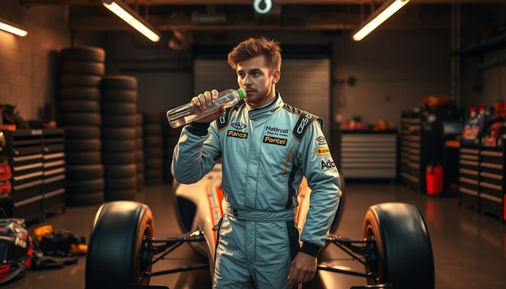 A well-lit, dynamic scene of a race car driver performing a hydration-focused warm-up routine. In the foreground, the driver stands holding a water bottle, their focused expression captured mid-sip. Surrounding them, an array of racing equipment - gloves, helmet, and racing suit - are neatly arranged, conveying a sense of pre-race preparation. In the middle ground, the sleek, aerodynamic lines of a race car provide a backdrop, hinting at the high-octane environment. The background features a blend of modern, industrial elements - tire stacks, tool chests, and a dimly lit garage space - creating an atmosphere of anticipation and competition. Warm, directional lighting casts dramatic shadows, emphasizing the driver's intense concentration and the importance of proper hydration in a racer's warm-up routine.