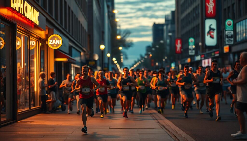 A busy city street at dusk, runners pacing anxiously on the sidewalk, eyes focused ahead. Neon-lit storefronts and streetlamps cast a warm glow, adding an air of intensity. In the foreground, a lone runner strides determinedly, their shadow elongated and distorted, conveying a sense of urgency. In the middle ground, groups of runners keep a steady rhythm, their movements in sync, while in the background, a blur of bodies move with purpose, each person lost in their own race strategy. The scene is shot with a wide-angle lens, capturing the energy and chaos of the moment, and lit with a mix of natural and artificial light to create a dramatic, cinematic atmosphere. A busy city street at dusk, runners pacing anxiously on the sidewalk, eyes focused ahead. Neon-lit storefronts and streetlamps cast a warm glow, adding an air of intensity. In the foreground, a lone runner strides determinedly, their shadow elongated and distorted, conveying a sense of urgency. In the middle ground, groups of runners keep a steady rhythm, their movements in sync, while in the background, a blur of bodies move with purpose, each person lost in their own race strategy. The scene is shot with a wide-angle lens, capturing the energy and chaos of the moment, and lit with a mix of natural and artificial light to create a dramatic, cinematic atmosphere.