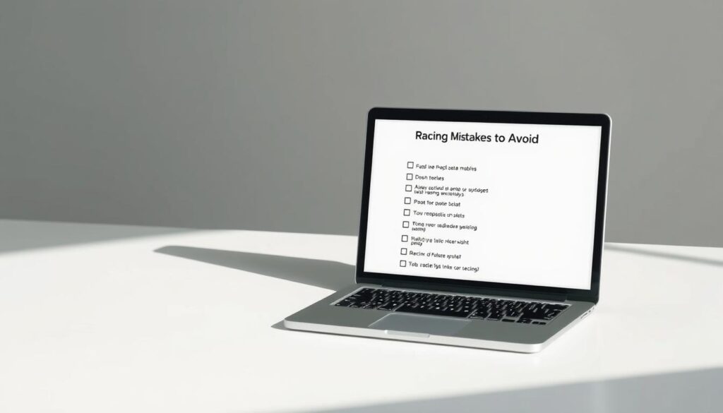A clean, minimalist desk scene with a neatly organized "Racing Mistakes to Avoid" checklist displayed on a laptop screen. The checklist is presented in a straightforward, bulleted format against a subdued, neutral-toned background that exudes a sense of focus and efficiency. Soft, directional lighting from the side casts gentle shadows, creating depth and emphasizing the simplicity of the design. The overall atmosphere is one of thoughtful organization and a deliberate approach to data analysis, reflecting the "Data Pitfalls and Overwhelm" theme of the article.