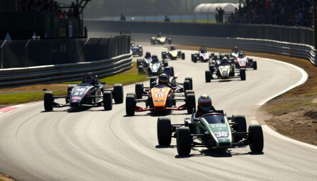 A dynamic group of racers competing on a winding track, their sleek vehicles gliding through turns with precision. In the foreground, a lone racer, their car pulling ahead, determined expression on their face as they forge their own path. The background is a blur of spectators, the roar of engines and cheers filling the air. Dramatic lighting casts dramatic shadows, highlighting the contrast between the solitary racer and the cohesive group. The scene conveys the exhilaration and strategic challenges of both solo and team racing dynamics, capturing the essence of the "Team Dynamics: How Group Training Boosts Performance" section. A dynamic group of racers competing on a winding track, their sleek vehicles gliding through turns with precision. In the foreground, a lone racer, their car pulling ahead, determined expression on their face as they forge their own path. The background is a blur of spectators, the roar of engines and cheers filling the air. Dramatic lighting casts dramatic shadows, highlighting the contrast between the solitary racer and the cohesive group. The scene conveys the exhilaration and strategic challenges of both solo and team racing dynamics, capturing the essence of the "Team Dynamics: How Group Training Boosts Performance" section.